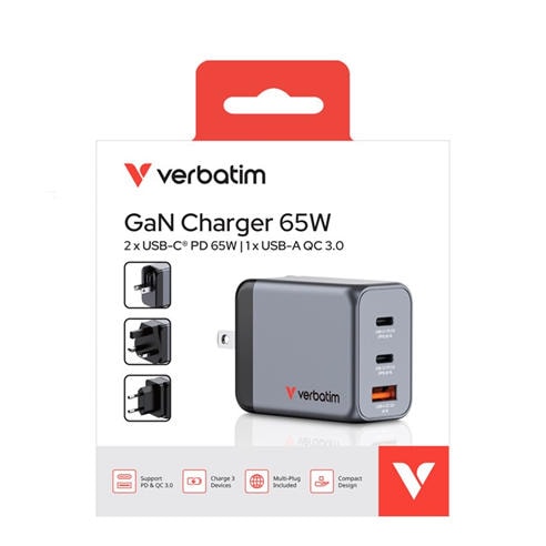 Verbatim - 65W 3-Port GaN Wall Charger 2 x USB-C® PD 65W / 1 x USB-A QC 3.0 (EU/UK/US)