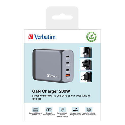 Verbatim - 200W 4-Port GaN Wall Charger 2 x USB-C® PD 100W / 1 x USB-C® PD 65W / 1 x USB QC 3.0 (EU/UK/US)